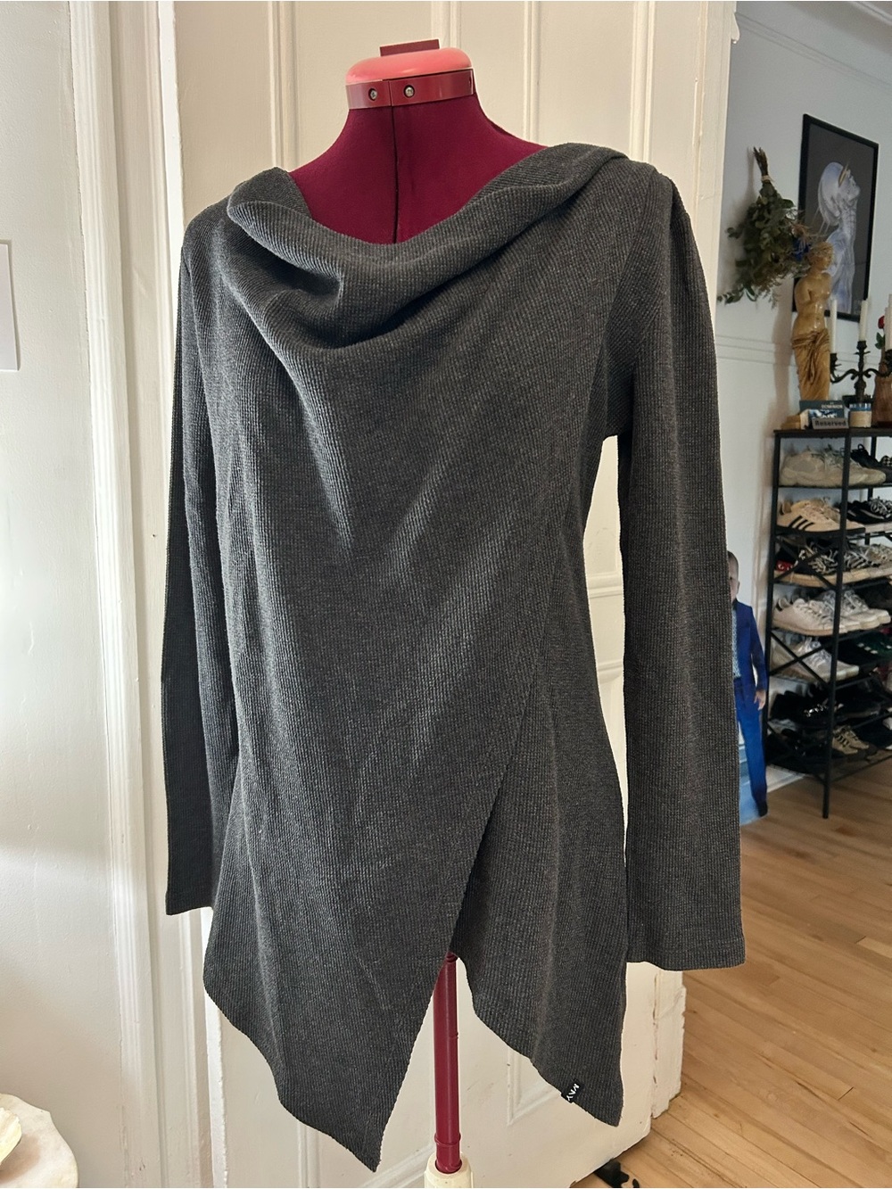 Women's Gray Draped Cowl Neck Waffle Sweater